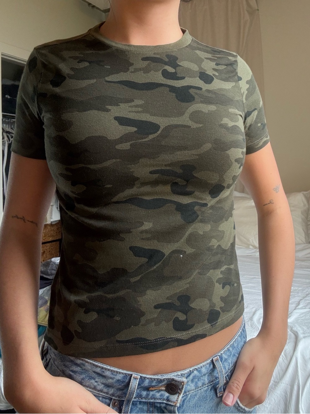 Old Navy Camouflage Crop Tee in Olive and Dark Green